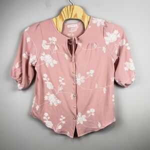 Ana & Rose Floral Embroidered Blouse Womens Medium Pink Puff Sleeve Cottage